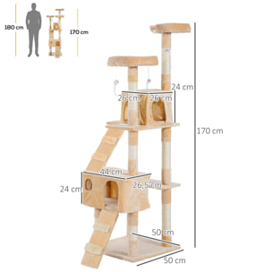 Árbol Rascador para Gatos Grande 49x49x173 cm con Múltiples Niveles con Cuevas Escaleras Juguetes Colgantes Camas Centro Actividades Sisal Gris Oscuro