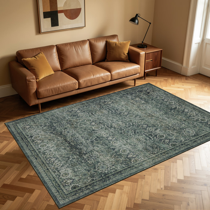 INKA - Tapis vert à poils courts doux à motif oriental vintage