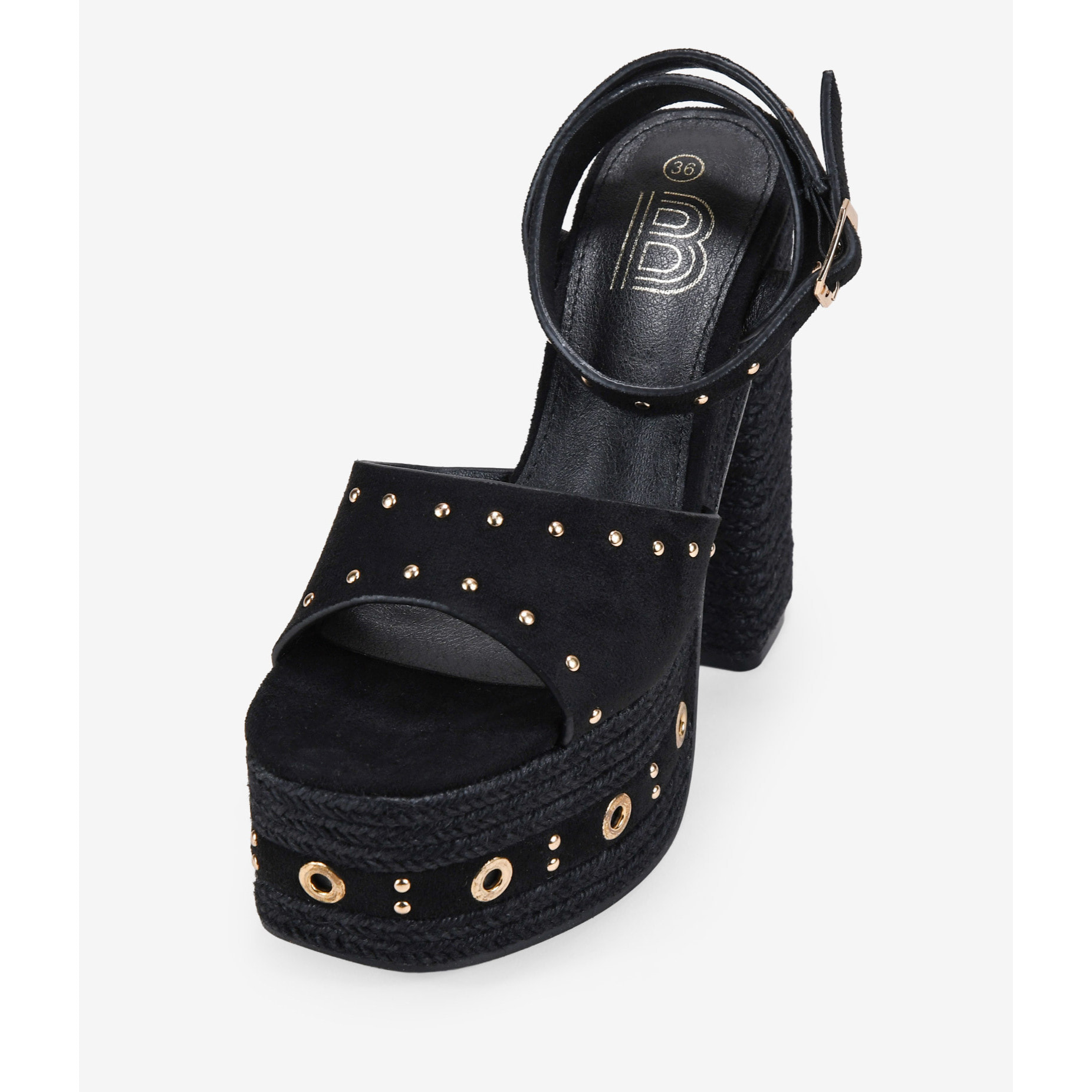 Sandalias de tacón negras con esparto y tachas
