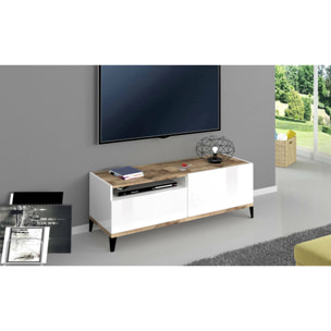 Mobile da soggiorno Porta TV, Made in Italy, Supporto per TV da salotto a 1 anta e 1 cassetto, Cm 120x40h47, Bianco lucido e Acero