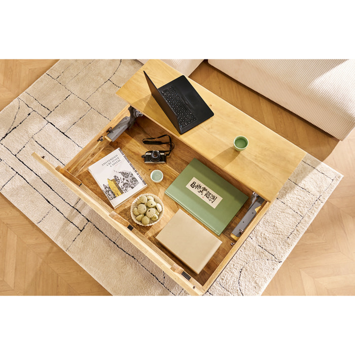 Table basse relevable industrielle bois manguier massif et métal noir L110 cm YPSTER
