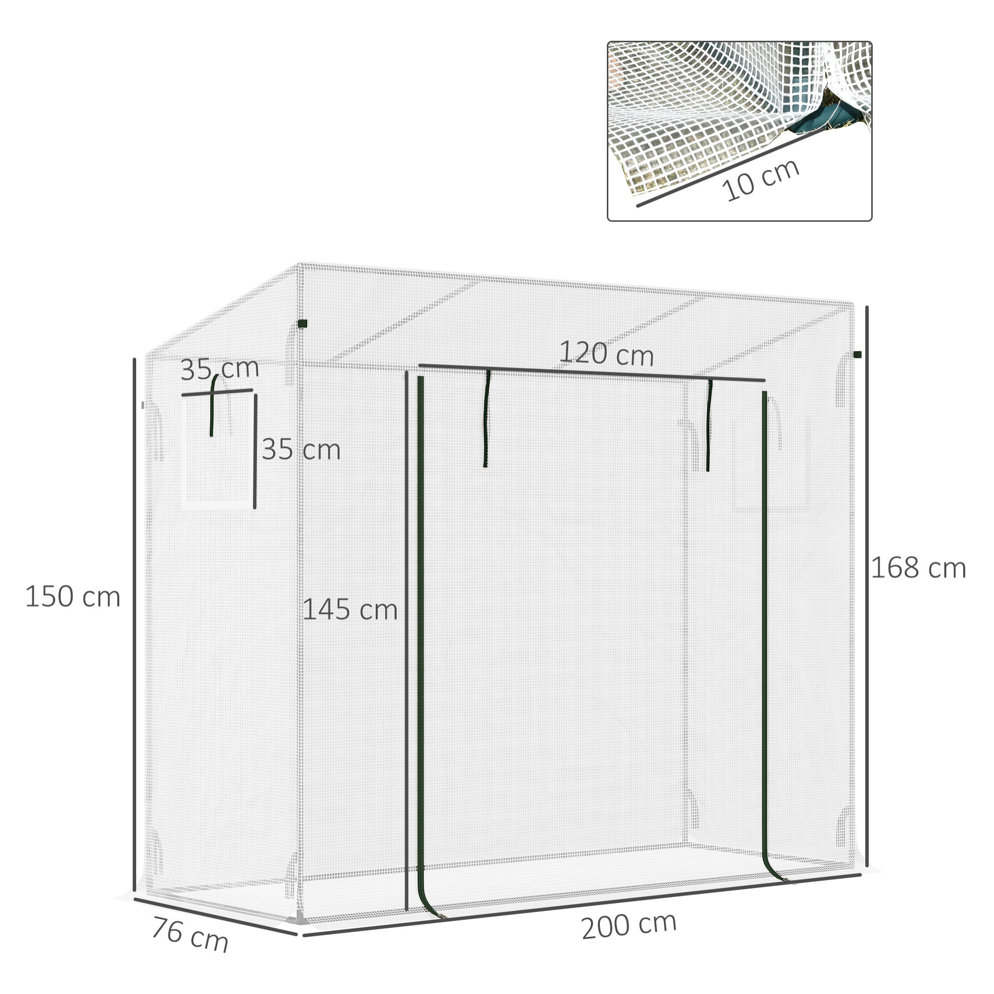 Serre de jardin 2 fenêtres moustiquaires porte enroulable zippée dim. 200 x 76 x 168 cm acier PE blanc