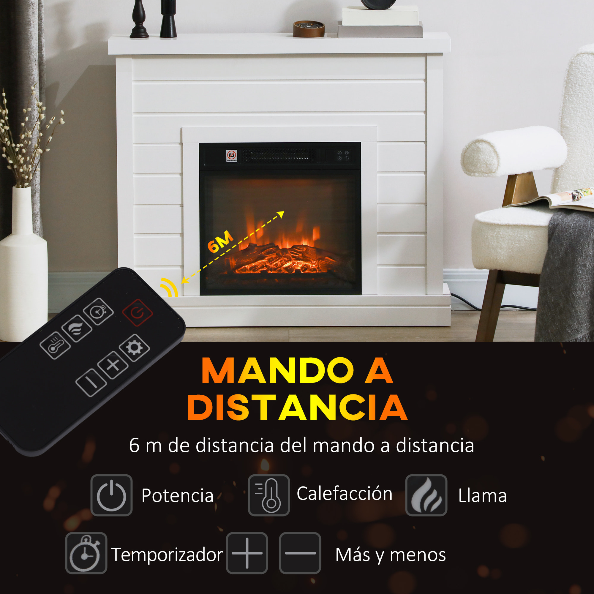 Chimenea Eléctrica 1800W Chimenea Decorativa con Efecto de Llama Mando a Distancia Temporizador Semanal Protección Contra Sobrecalentamiento para Sala 30 m² Blanco