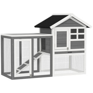 Conejera de Madera de 2 Niveles Jaula para Conejos con Zona Abierta Techo Asfáltico Bandeja Extraíble y Rampa Conejera para Exterior 122x62,6x92 cm Gris