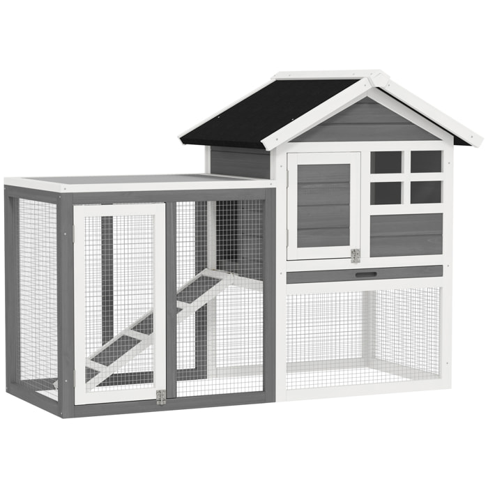 Conejera de Madera de 2 Niveles Jaula para Conejos con Zona Abierta Techo Asfáltico Bandeja Extraíble y Rampa Conejera para Exterior 122x62,6x92 cm Gris