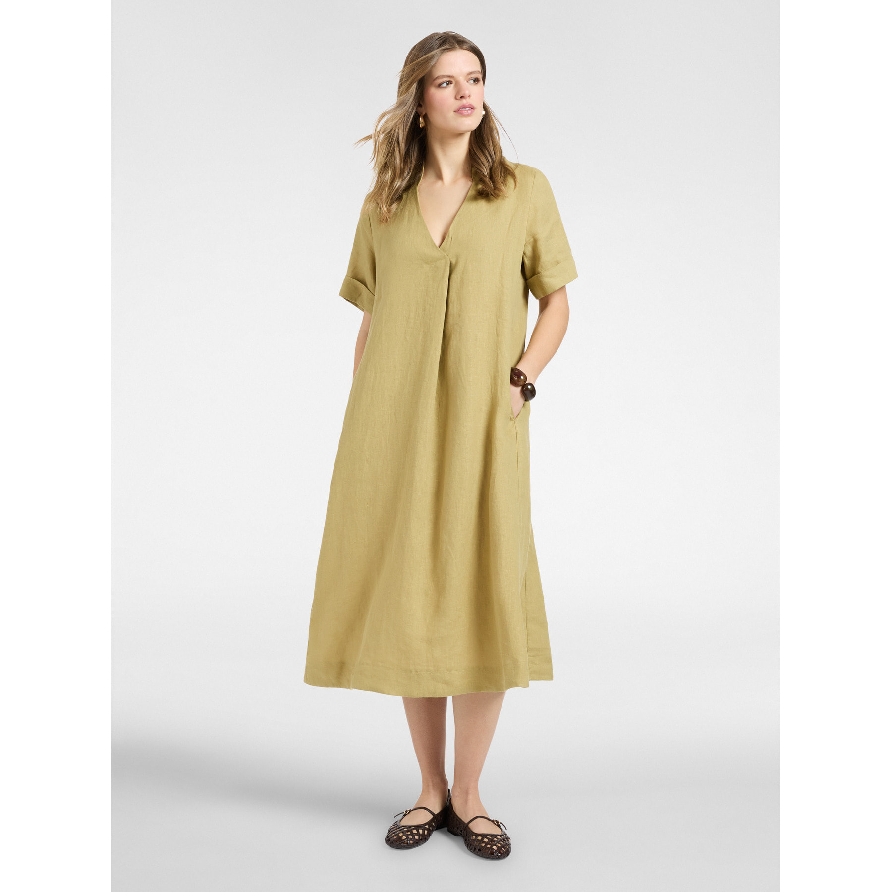 Elena Mirò - Vestido de lino con escote en V - Verde claro