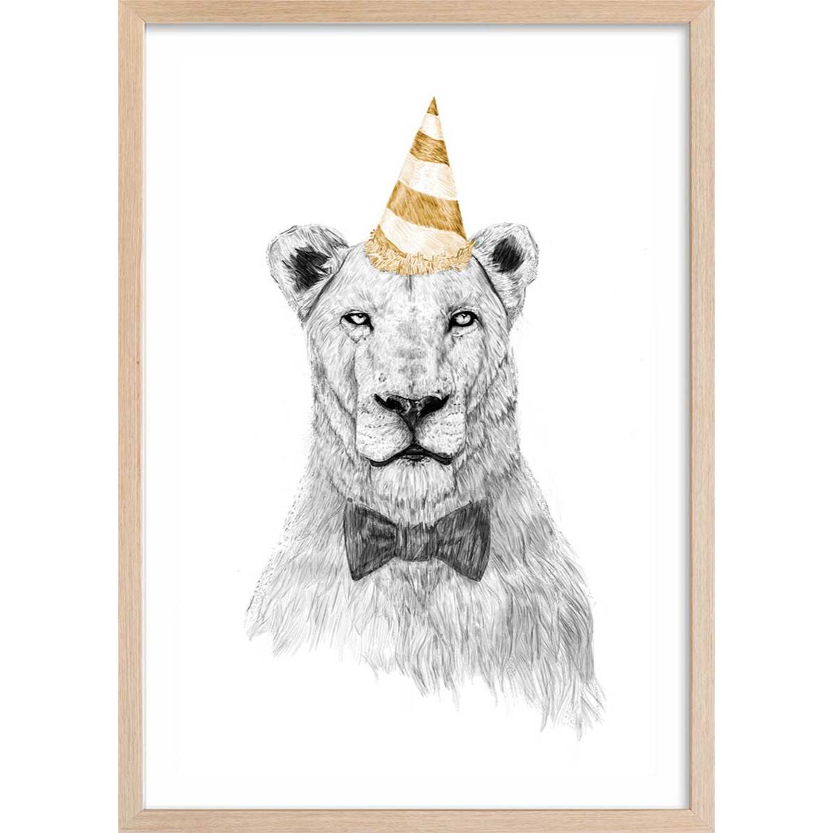 Affiche enfant lionne en fête  Affiche + cadre en bois - Chêne