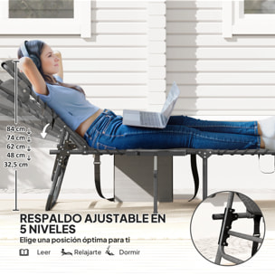 Tumbona Plegable Tumbona Jardín Exterior con Respaldo Ajustable Reposacabezas Bolsillo Lateral Bandeja y Estructura de Acero Carga 120 kg para Terraza Piscina Playa 190x60x31 cm Gris