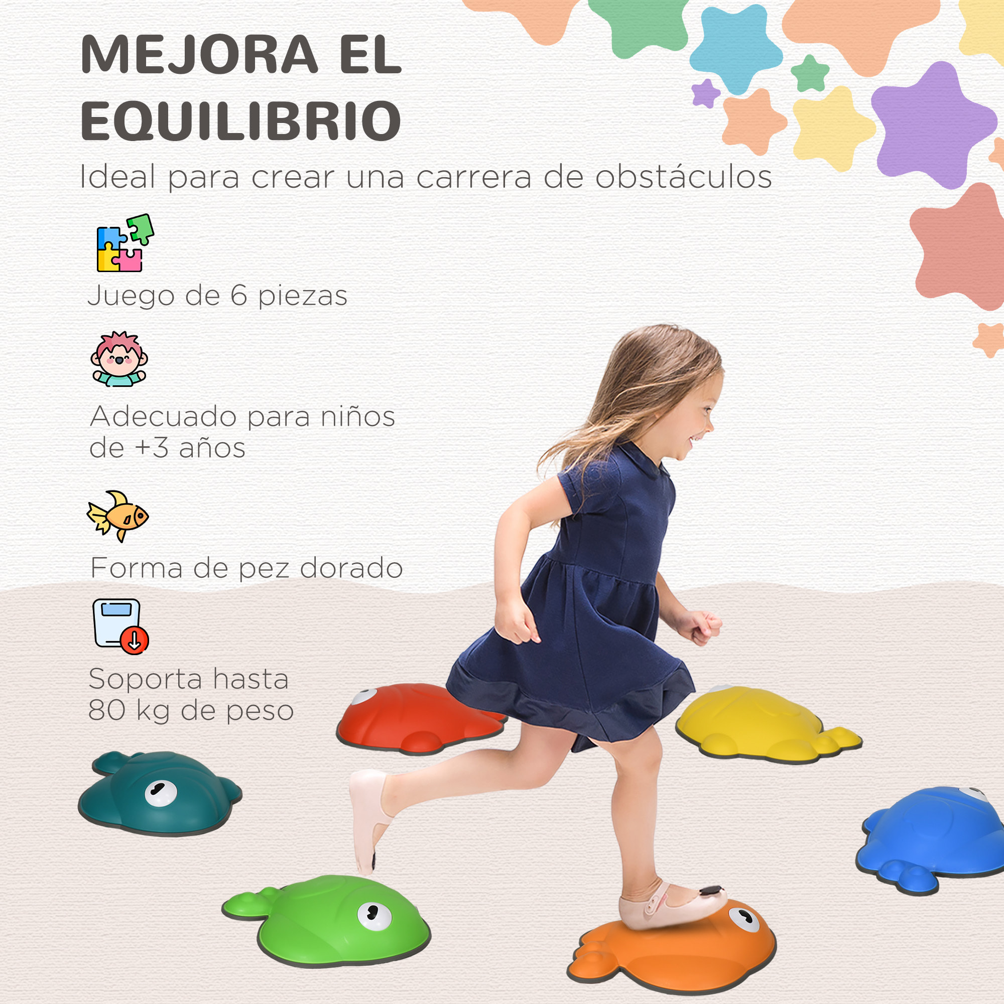 Piedras de Equilibrio para Niños de +3 Años Conjunto de 6 Piezas Bloques de Equilibrio Apilables con Borde Antideslizante Forma de Pez Dorado para Entrenamiento de Equilibrio Multicolor