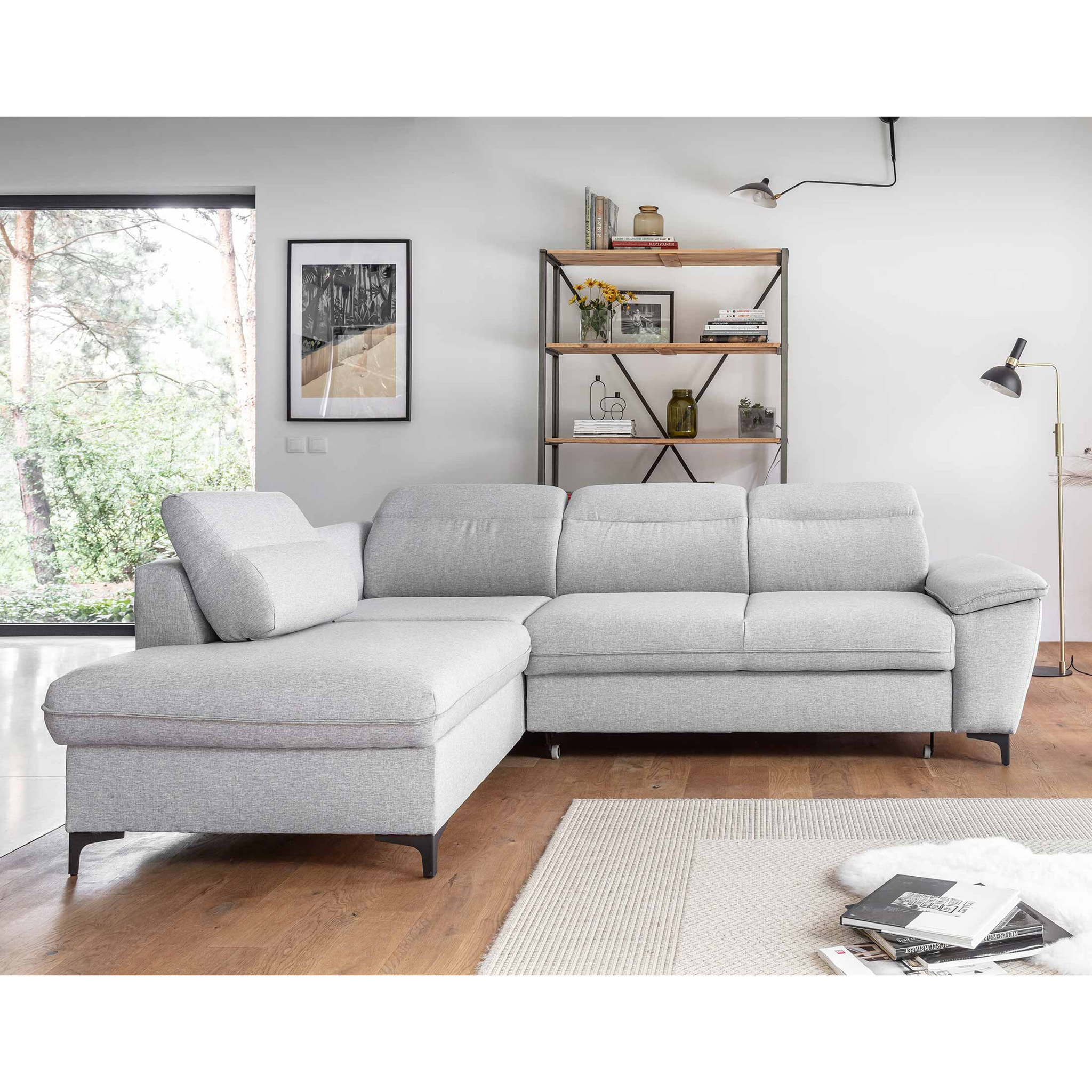 Clever - canapé d'angle gauche - 5 places - convertible avec coffre et têtières - en tissu - Gris clair