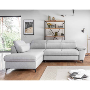 Clever - canapé d'angle gauche - 5 places - convertible avec coffre et têtières - en tissu - Gris clair