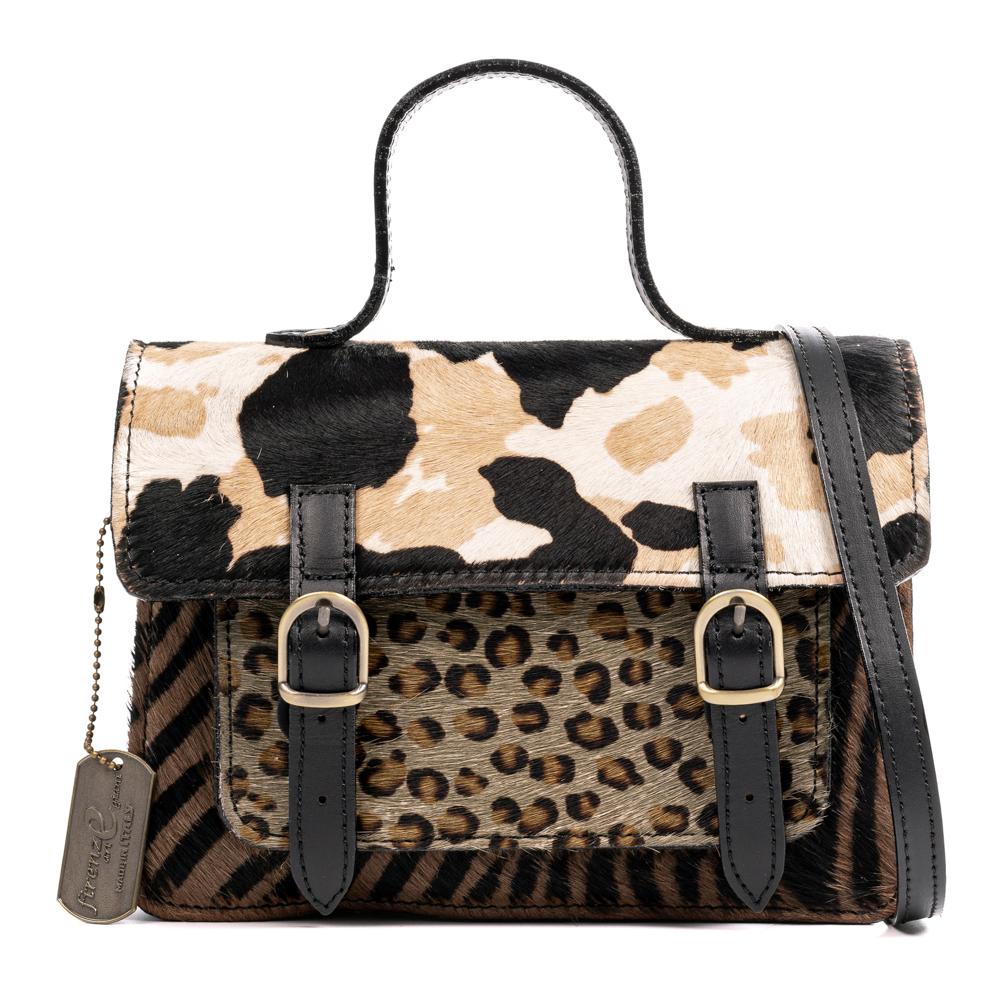 Assoro bolso Satchel con doble hebilla, piel auténtica Cavallino estampada.