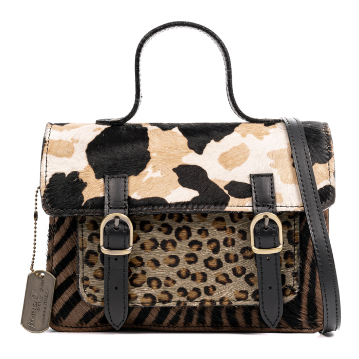 Assoro bolso Satchel con doble hebilla, piel auténtica Cavallino estampada.