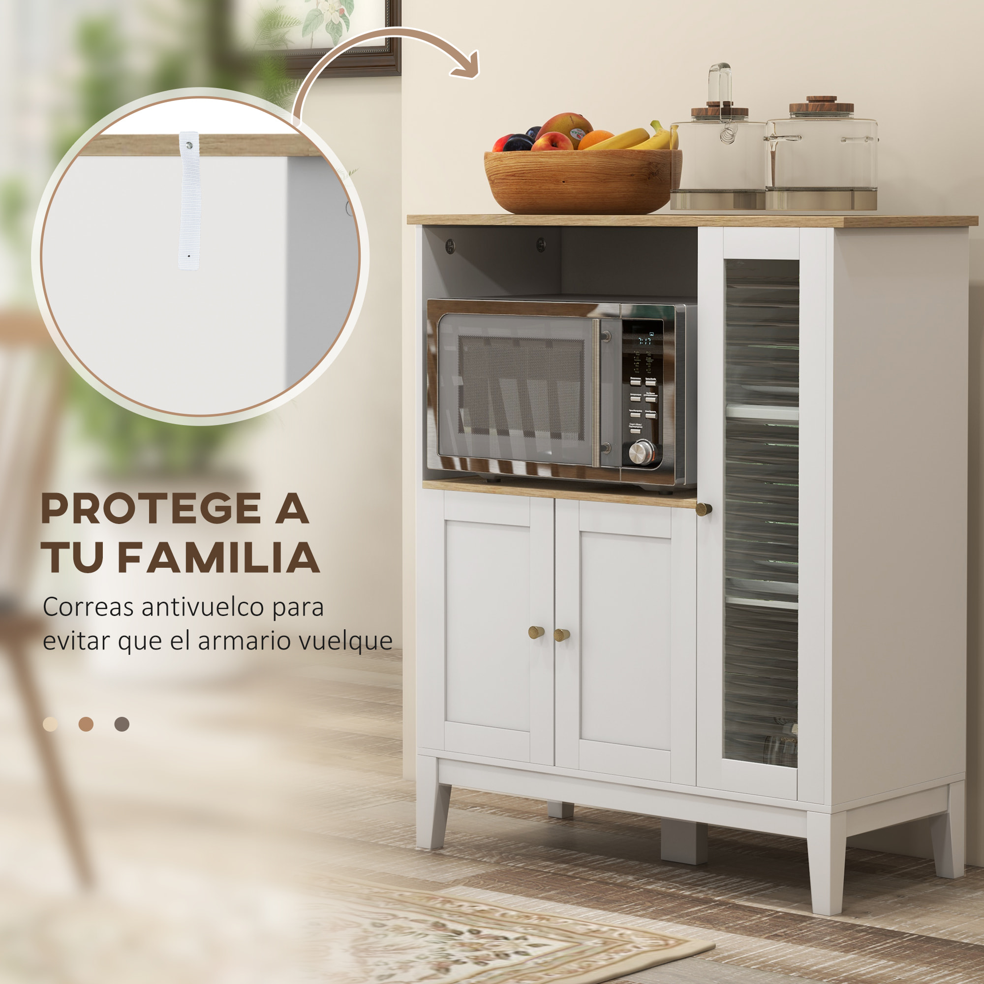 Mueble Auxiliar de Cocina Moderno Mueble para Microondas Aparador de Cocina con Estantes 3 Puertas Compartimiento Abierto y Sistema Anti-vuelco para Comedor 80x35x97 cm Blanco