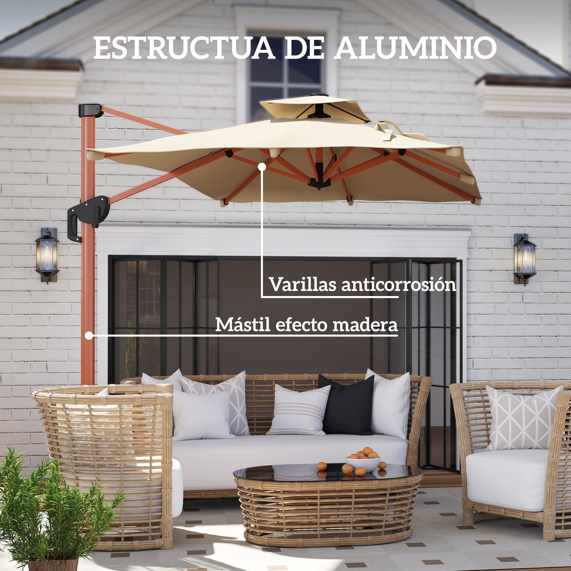 Sombrilla de Jardín 300x198x252 cm Parasol Excéntrico de Aluminio con Manivela Inclinación Ajustable Doble Techo y Base Cruzada Giratoria 360° Sombrilla para Terraza Exterior Patio Caqui