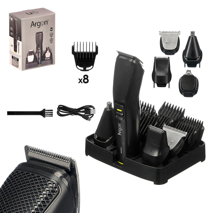 Set di tagliacapelli nera con supporto e 12 accessori. Batteria ricaricabile da 600mAh.
