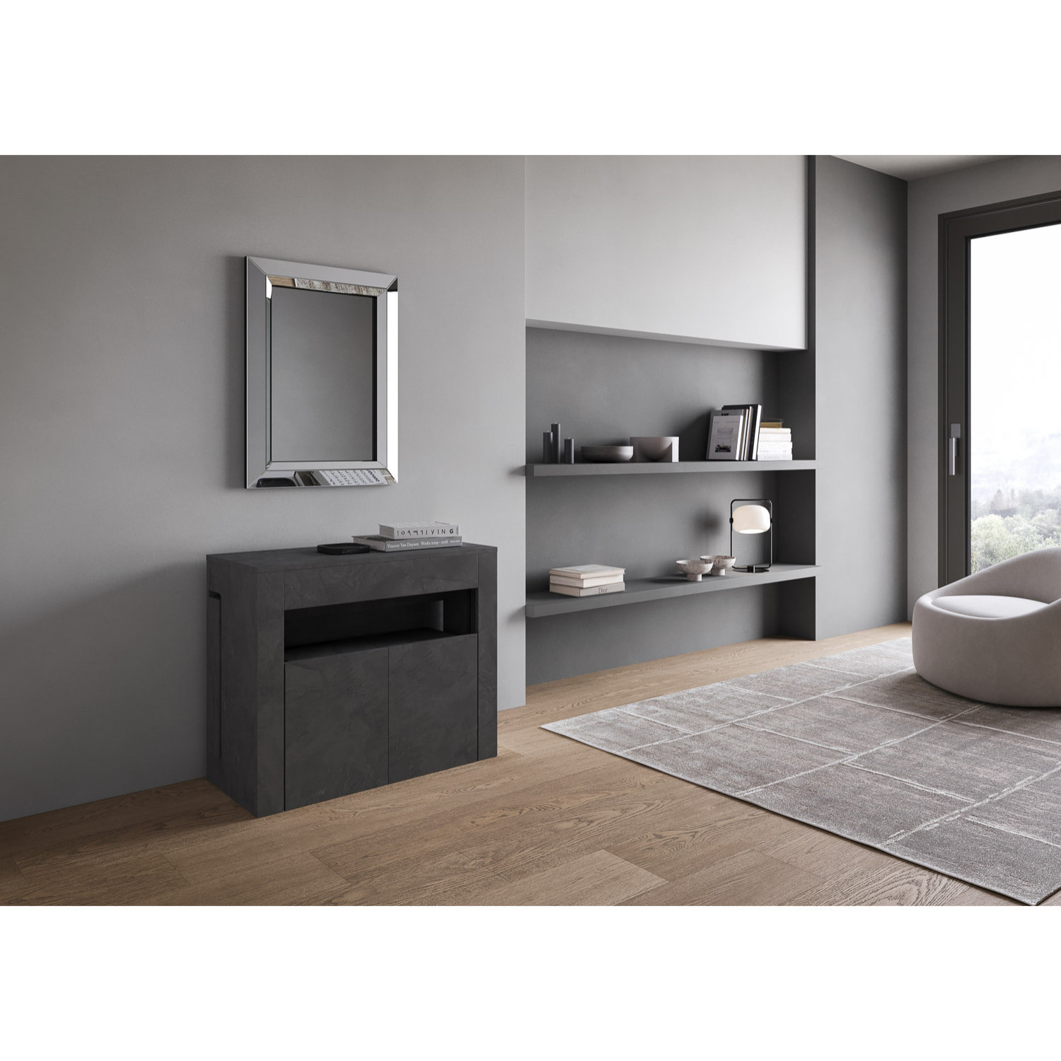 Consolle allungabile 90x42/302 cm Evolve Antracite Spatolato allunghe interne con panca inferiore