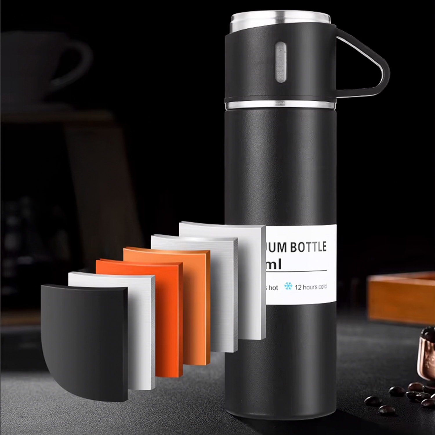 Set di thermos da 500 ml e 3 tazze isolanti. Mantenimento del freddo e del caldo da 6 a 12 ore.