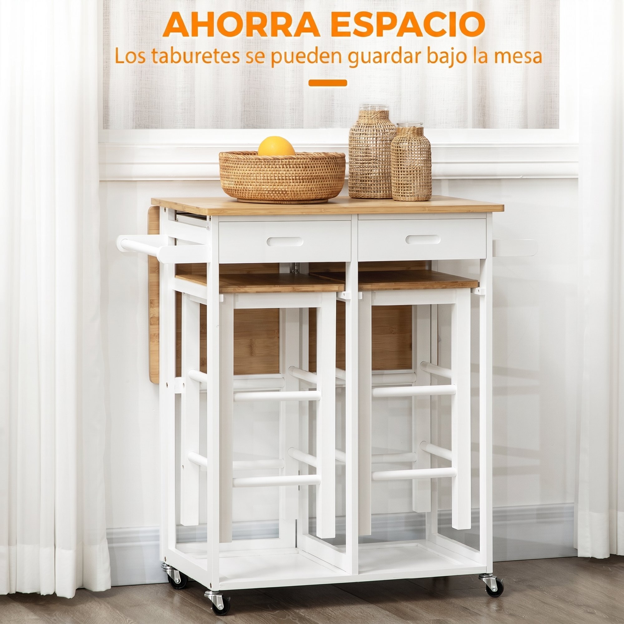 Juego de Mesa Alta de Bar y 2 Taburetes, Mesa Alta de Cocina de Bambú con Ruedas, Tablero Plegable, Ahorro Espacio, Cajones, Toalleros y Reposapiés, Natural y Blanco