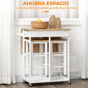 Juego de Mesa Alta de Bar y 2 Taburetes, Mesa Alta de Cocina de Bambú con Ruedas, Tablero Plegable, Ahorro Espacio, Cajones, Toalleros y Reposapiés, Natural y Blanco