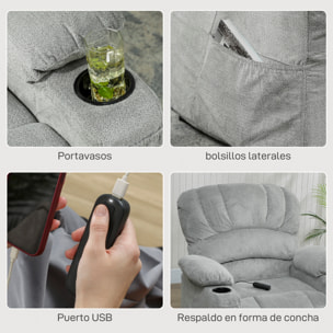 Sillón Relax Reclinable Eléctrico, Sillón Reclinable Silencioso de Terciopelo con Función Memoria, Reposapiés, Mando a Distancia, Bolsillos, Puerto USB, Portavasos, Respaldo Concha