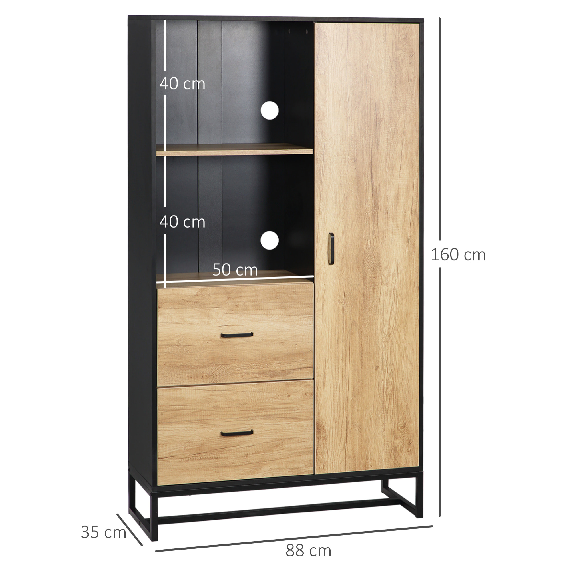 Buffet haut multi-rangement une porte 3 étagères 2 tiroirs 2 niches piètement acier noir aspect chêne clair