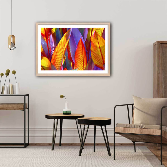 Affiche palm leaves yellow background Affiche + cadre en bois - Chêne