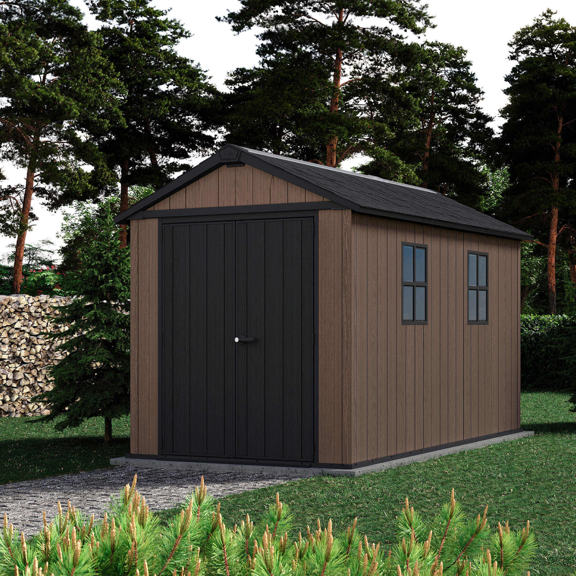 Newton + 7511/1175 - Casetta da Giardino 350x246x230 cm 2 Ante per deposito attrezzi finitura effetto legno Evotech+ in Resina Marrone e Nero