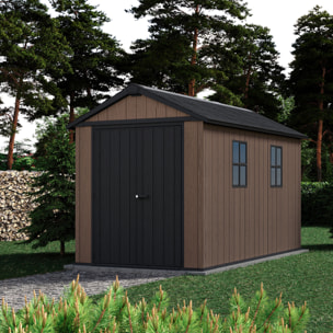 Newton + 7511/1175 - Casetta da Giardino 350x246x230 cm 2 Ante per deposito attrezzi finitura effetto legno Evotech+ in Resina Marrone e Nero