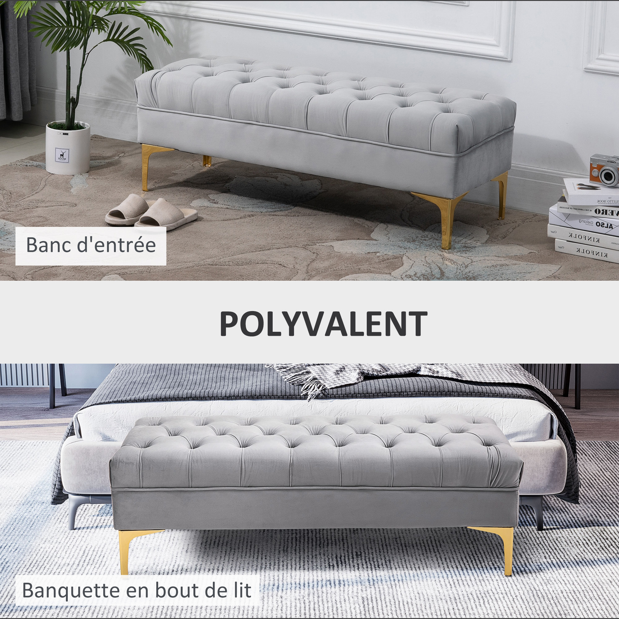 Banc banquette capitonnée style classique chic dim. 118L x 45l x 42H cm piètement métal doré velours gris clair