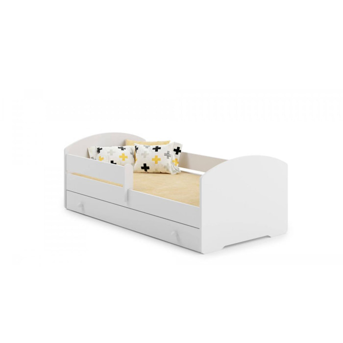 Letto singolo per bambini, Lettino con cassettone e protezione anticaduta, con testiera tonda, cm 164x88h63, colore Bianco