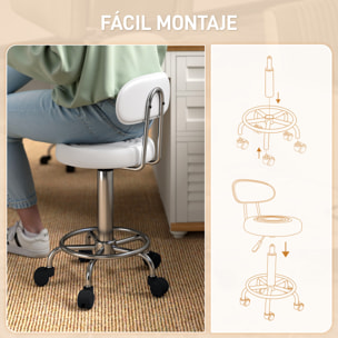 Taburete Giratorio Taburete con Ruedas y Respaldo Taburete de Trabajo con Altura Regulable 70-86 cm Asiento Tapizado de Cuero Sintético Blanco