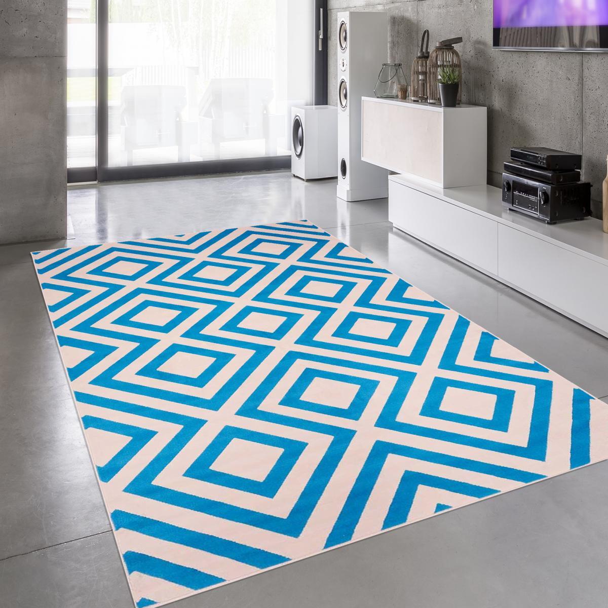 Petit tapis Begja bleu et blanc motif géométrique scandinave