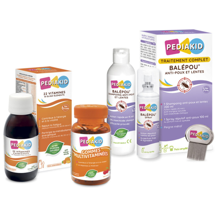 PEDIAKID - Box Rentrée des Classes - Traitement complet Balépou - Gommes multivitaminées, Sirop 22 vitamines & oligo-éléments - Forme & vitalité - Aide à prévenir les infestations de poux - Dès 3 ans