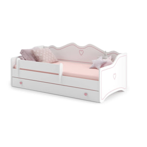 Letto singolo per bambini decorato, Lettino decorato con cassettone e protezione anticaduta per cameretta, cm 164x85h70, colore Bianco e Rosa