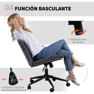 Silla de Oficina Piernas Cruzadas, Silla de Escritorio con Asiento Ancho, sin Reposabrazos, Ruedas, Altura Ajustable, Giratoria, Función Basculante, Tapizada en Chenilla, Gris