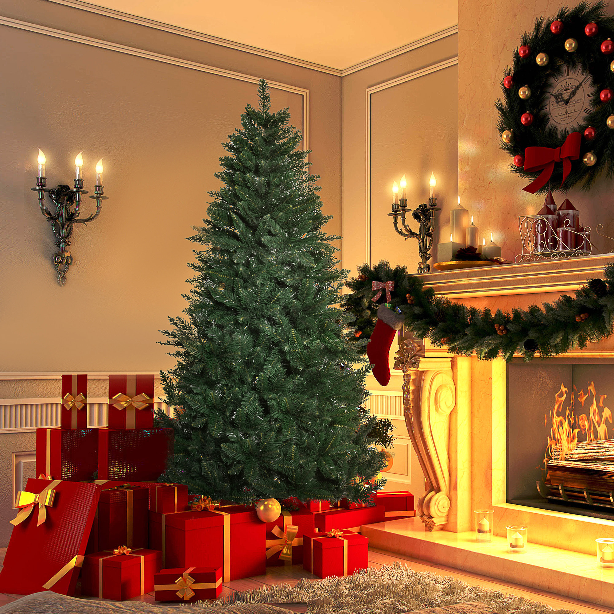 HOMCOM Árbol de Navidad Artificial 180 cm Ignífugo con 724 Ramas con 2 Tipos de Puntas de PVC Base Plegable y Soporte de Acero Decoración Navideña de Interior Verde