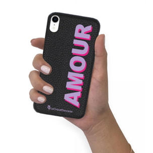 Coque iPhone Xr effet cuir grainé noir Amour parme et fushia Design La Coque Francaise