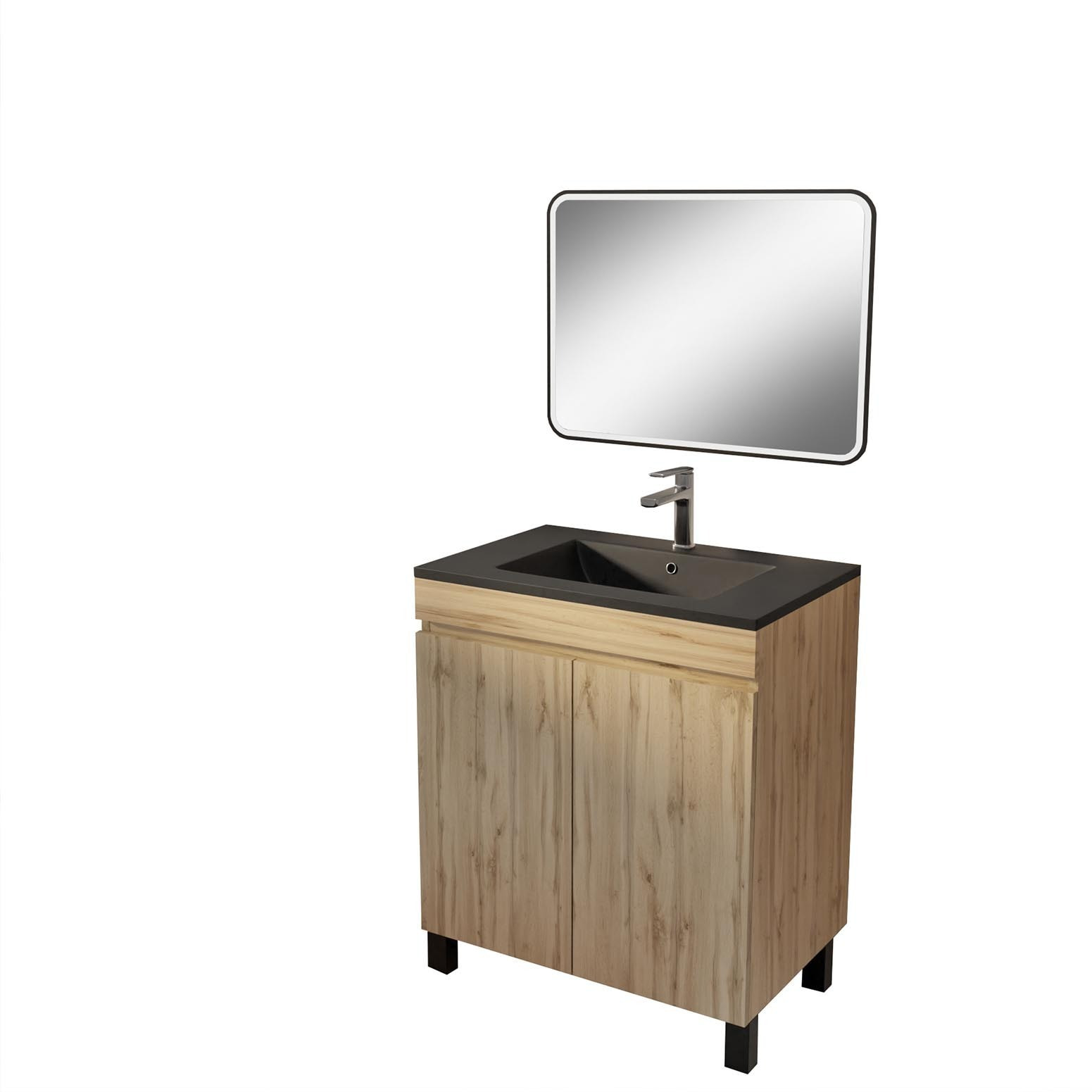 Meuble de salle de bains 70cm TIMBER Décor Chêne Naturel à Portes Vasque Noire et Miroir LED 70x50