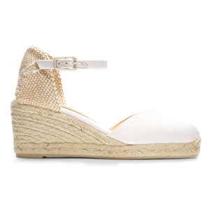 Alpargatas de cuña de mujer Chiarita en satén, cierre lateral de pulsera con hebilla metálica