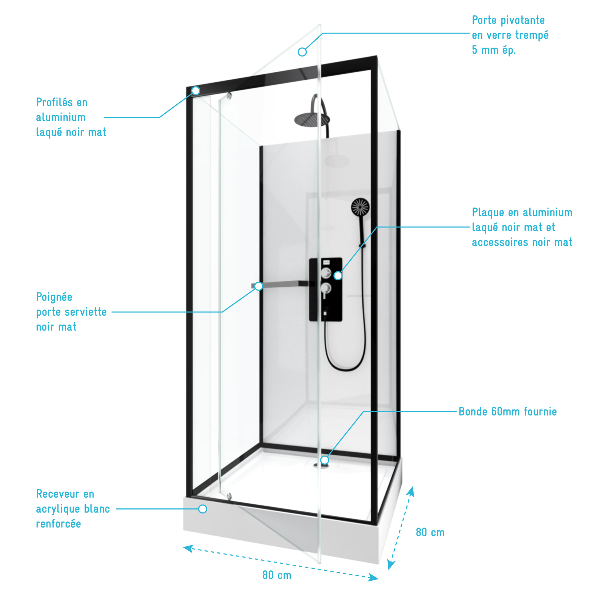 Cabine de douche carrée 80x80x230cm - extra blanc et profilé noir mat - LUNAR SQUARE 80