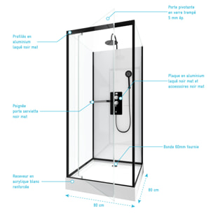 Cabine de douche carrée 80x80x230cm - extra blanc et profilé noir mat - LUNAR SQUARE 80