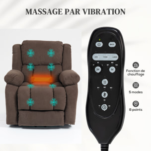 Fauteuil releveur massant chauffant grand confort - inclinable, repose-pieds rétractable - tissu toucher flanelle chocolat