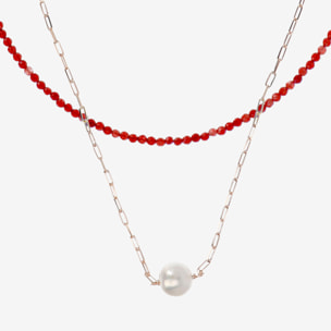 Doppia Collana Girocollo con Quarzite Rossa e Maglia Forzatina con Perla Ming Bianca Ø 11 mm in Argento 925 placcato Oro rosa 18Kt