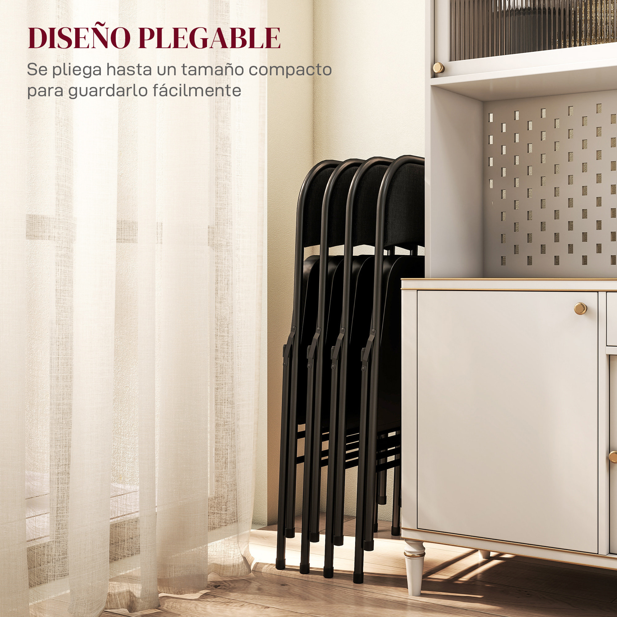 Juego de 4 Sillas Plegables Acolchadas con Respaldo y Estructura de Acero, para Salón, Comedor, Cocina, 45x46x78 cm, Negro