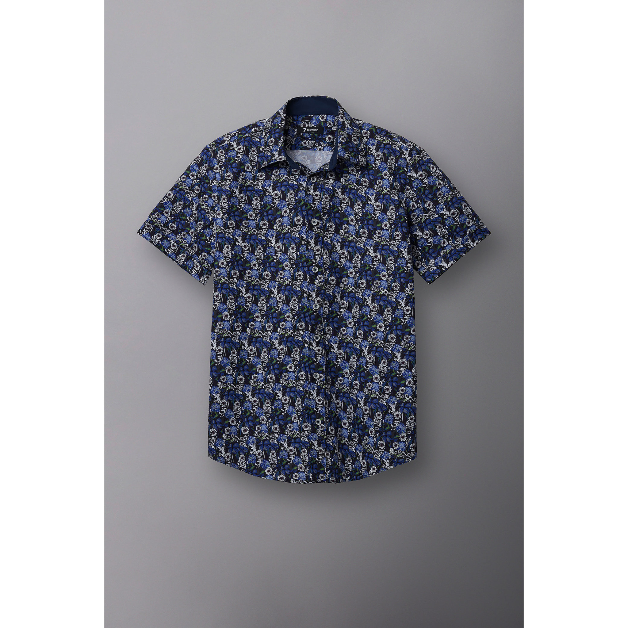 Camicia Uomo 1 Bottone Italiano Popeline Stampato Blu\Bianco