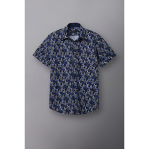 Camicia Uomo 1 Bottone Italiano Popeline Stampato Blu\Bianco