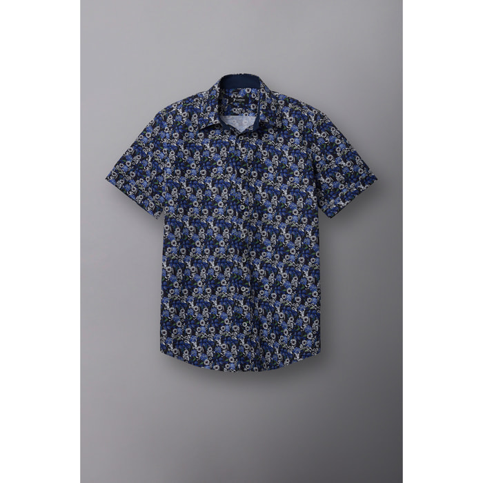 Camicia Uomo 1 Bottone Italiano Popeline Stampato Blu\Bianco