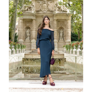 Vestido midi manga larga palabra de honor