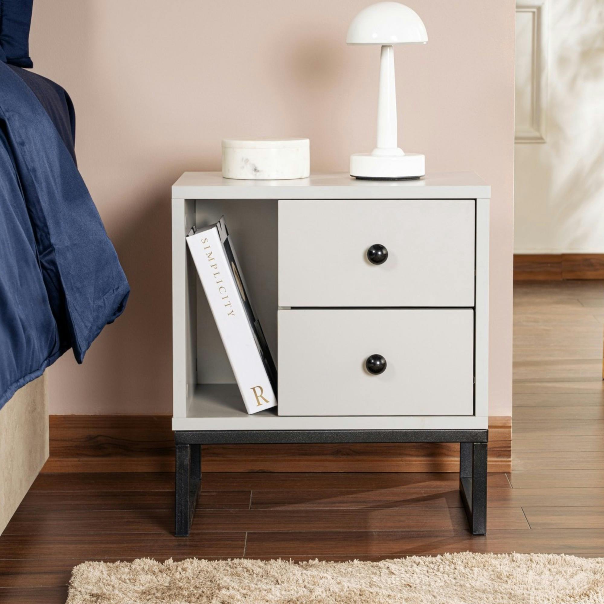 Table de nuit 2 tiroirs, 1 niche - gris effet laque JENA